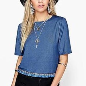 Denim look fringe trim top